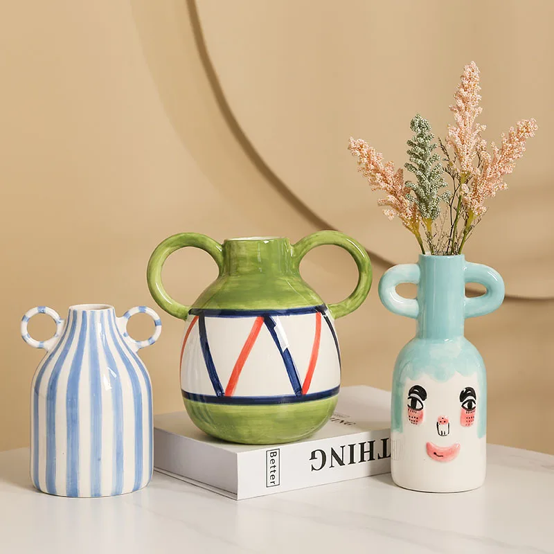 Ins Minimalist Striped Ceramic Vase with Two Ears Smiling Face Cute Atmosphere Decorative Ornaments Home Creative Pottery Jar