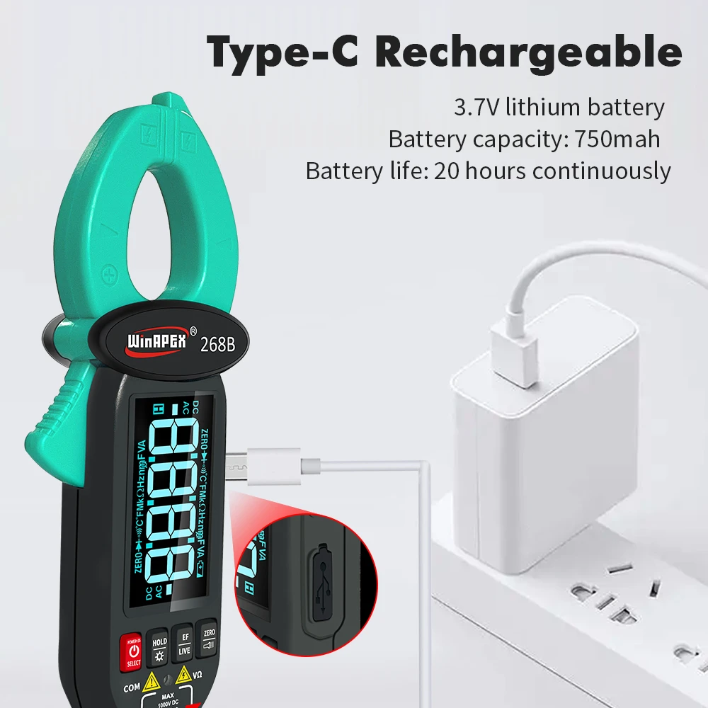 WINAPEX 750V DC AC Portable Clamp Meter AC DC Current Leakage Detection Screen Rotation for Household Circuit Fault Repair