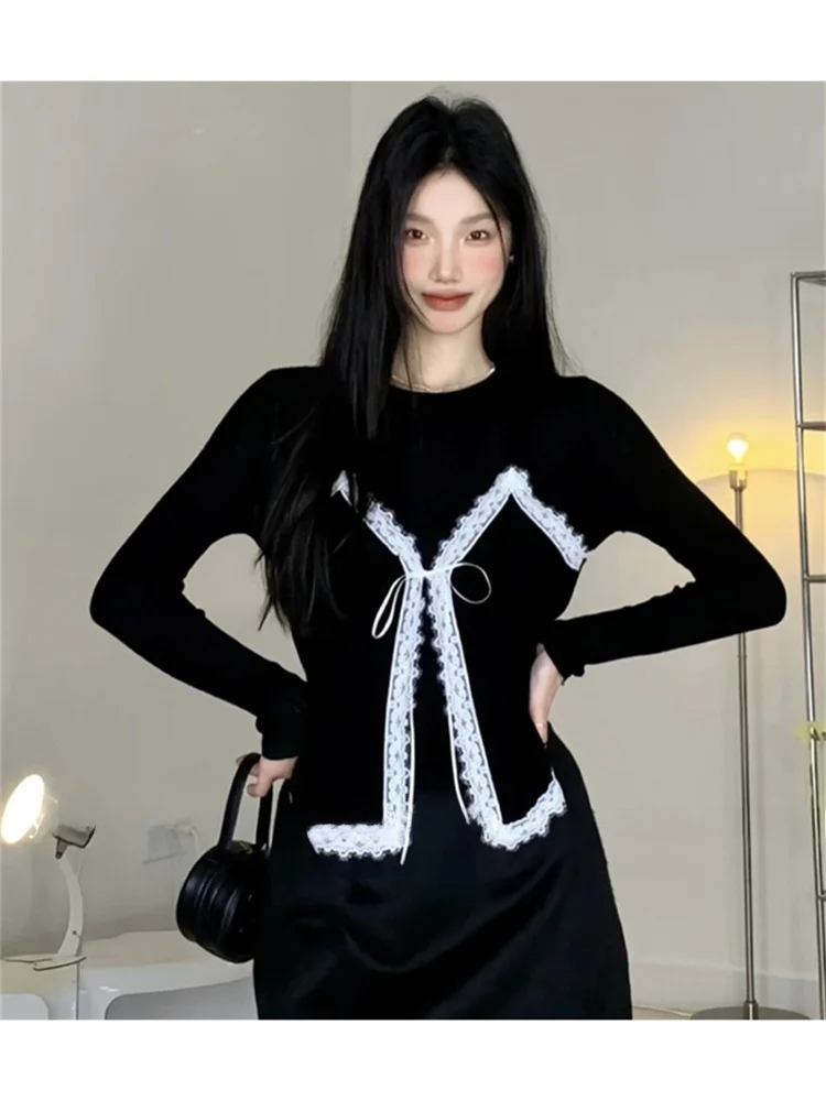 Original Lace Splice Women's Top Bla Long Sve Spring New Sle Beautiful Unique Loose Fit round Ne Single Piece Korean...