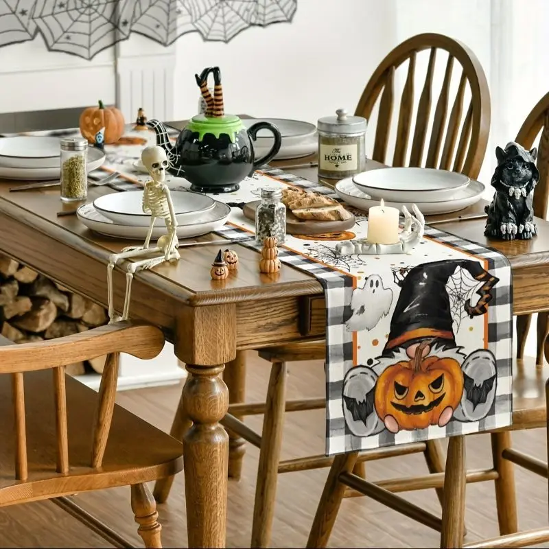 VIKAMA Halloween Table Runner Buffalo Plaid Gnome Pumpkin Ghost Bat Spider Web Dining Table Home Party Decor