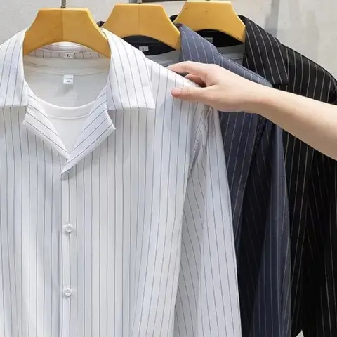 Herr Randig Långärmad Skjorta Vår Höst Ny Koreansk Affärs Lös Mångsidig Kappa Tonårsmode Casual Svarta Toppar Med Slagslag 6 best sales Koreansk svart skjorta för män - №6