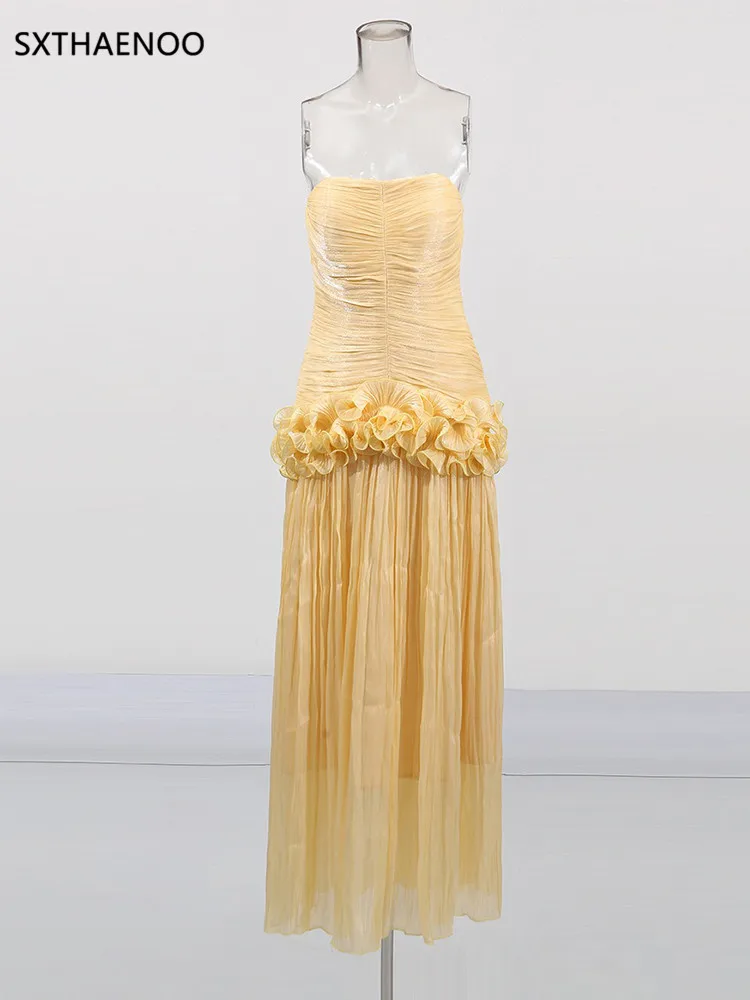 SXTHAENOO Solido Impiombato Fungo Abiti Dimagranti per Le Donne Senza Spalline Senza Maniche Patchwork Pieghe Abito Midi Abbigliamento Femminile Nuovo