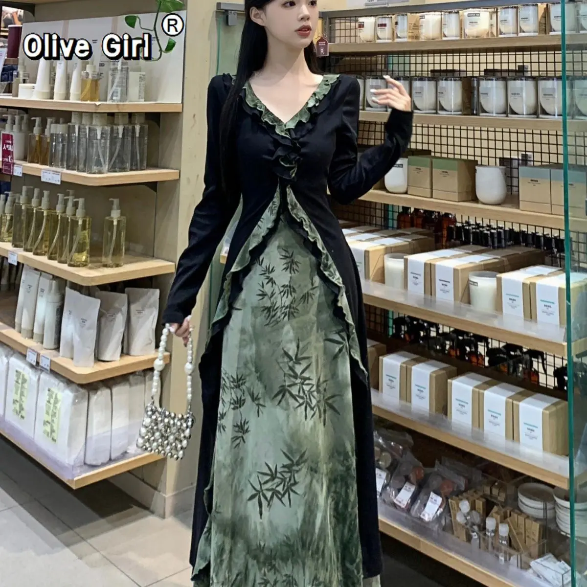 

High End Dress Patchwork Printed Ruffle Edges Beautiful Elegant Fake Two Pieces Elegant Women's Clothing Chinese Style