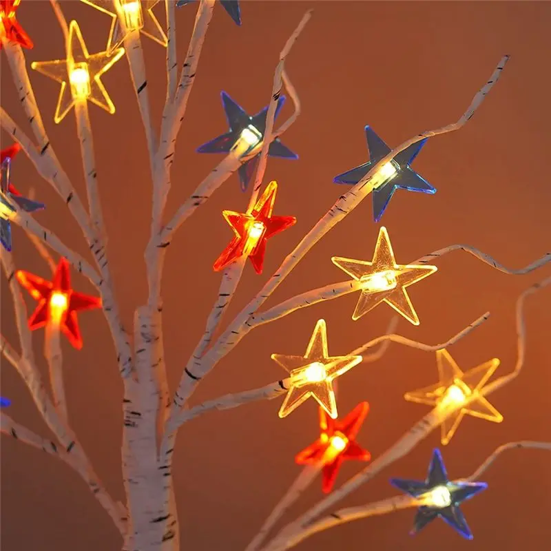 

Украшения 4 июля, патриотическое декоративное дерево с 24 красными, белыми, синими светодиодными звездами, подсветкой с питанием от USB/батарейки