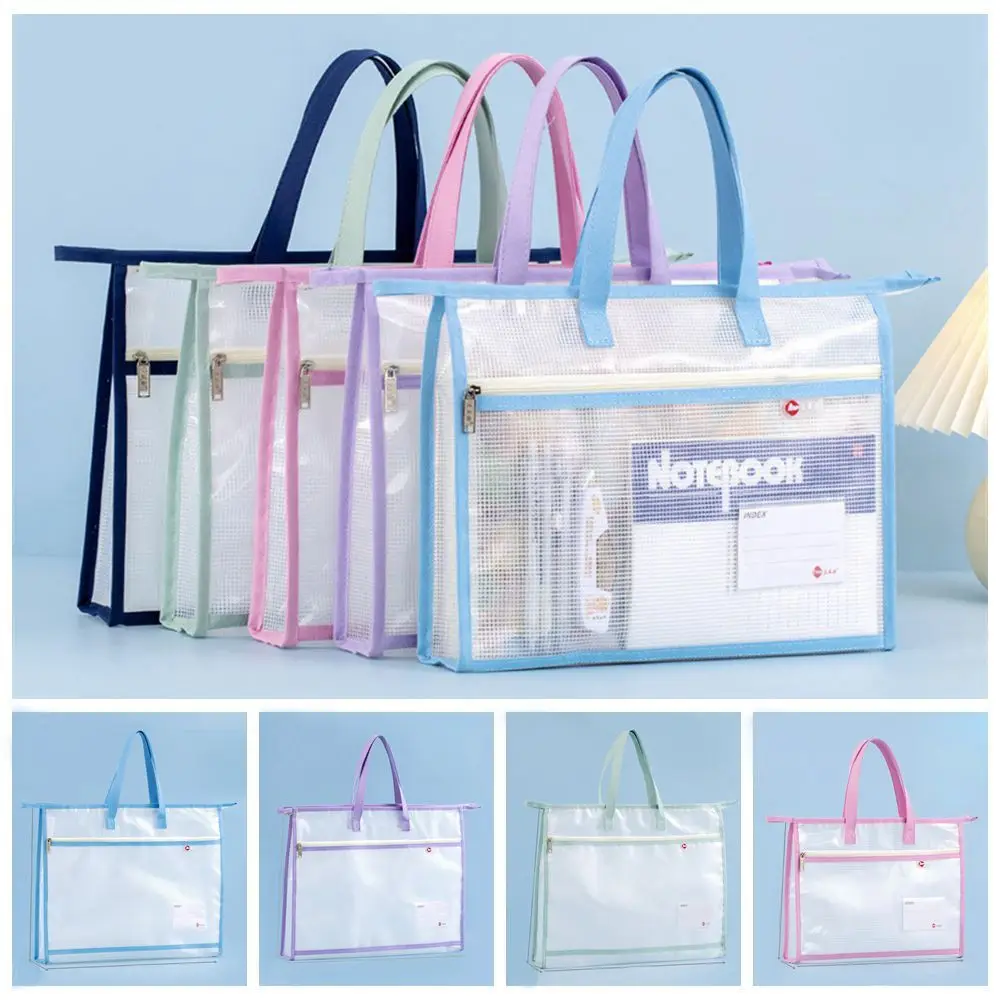 New with Zipper and Handle A3 Project Bag Mesh PVC Multifunctional Mesh Art Bag Waterproof Thickened Storage Bag Office Supplies