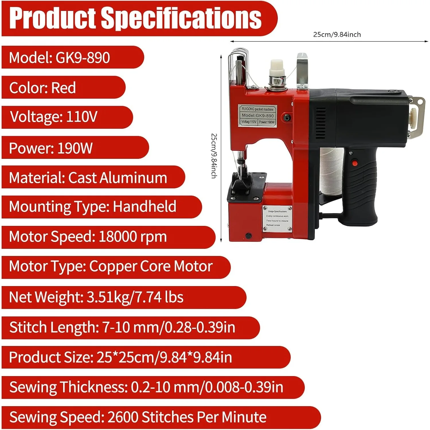 Leather Heavy Duty Sewing Machine Industrial Canvas Stitching Closer 110V ﻿ | 2,600 Stitch 10mm Max Thickness 190W 18000rpm w/2 Thread Spools 3 Blades, Red For Logistics Factory Sealing Sack Woven Bag view 7