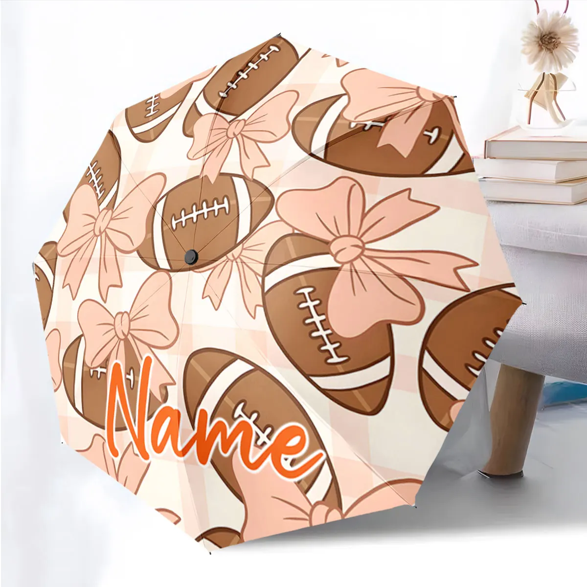 Custom Name Football and Bow Pattern Umbrella Design Print 8 Iron Ribs Folding Umbrella, Auto-Open Fashion Sunshade