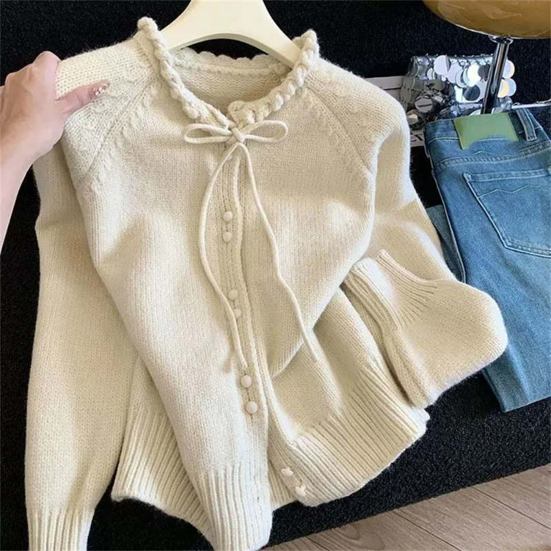 

Женский свитер-кардиган 2026 года в корейском стиле, однотонный, с круглым вырезом, длинными рукавами и бантом, осенне-зимний топ