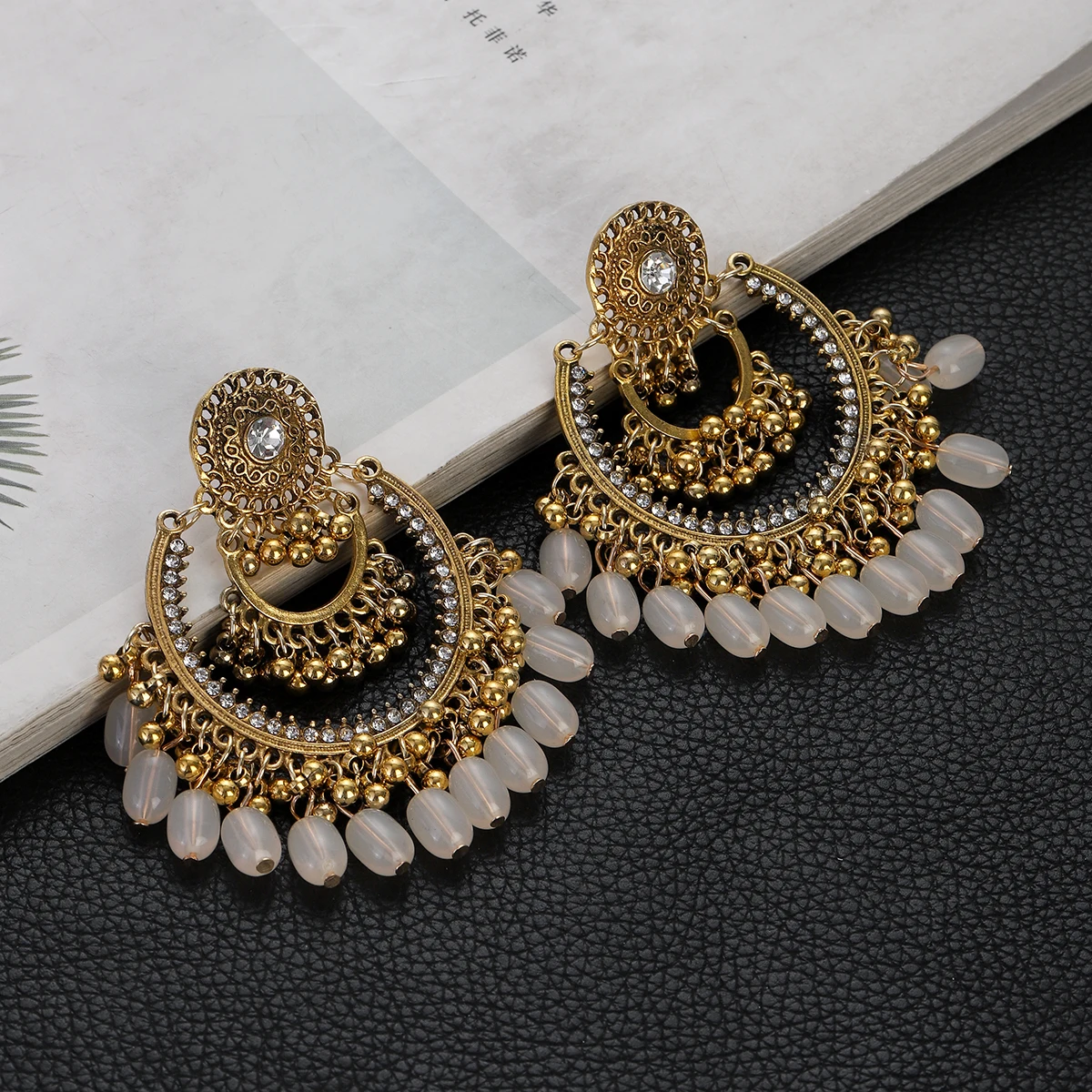 Boho Vintage Colorful Crystal Earrings for Women Retro Gold Plated Round Beads Tassel Earrings Wedding Party Jewelry Gifts
