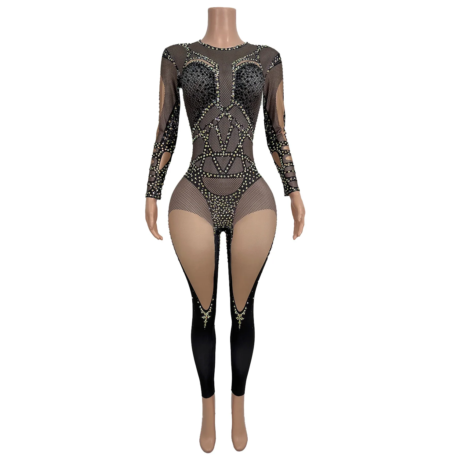 Black Gold Rhinestone Bodycon Jumpsuit Sexy Spandex Elastic Jumpsuit  Long Sleeve Catsuit Women Stage Performance Outfit Heiye