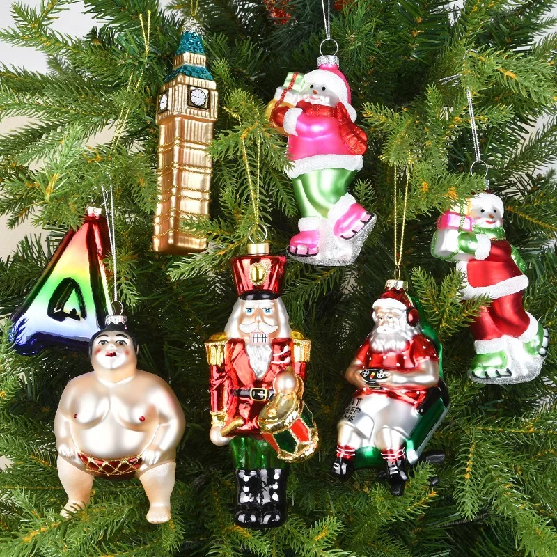 New Creative Painted Glass Christmas Hanging Ornament, Fruit Vegetable Snowman Ocean Shape Small Pendant for Holiday Tree Decor
