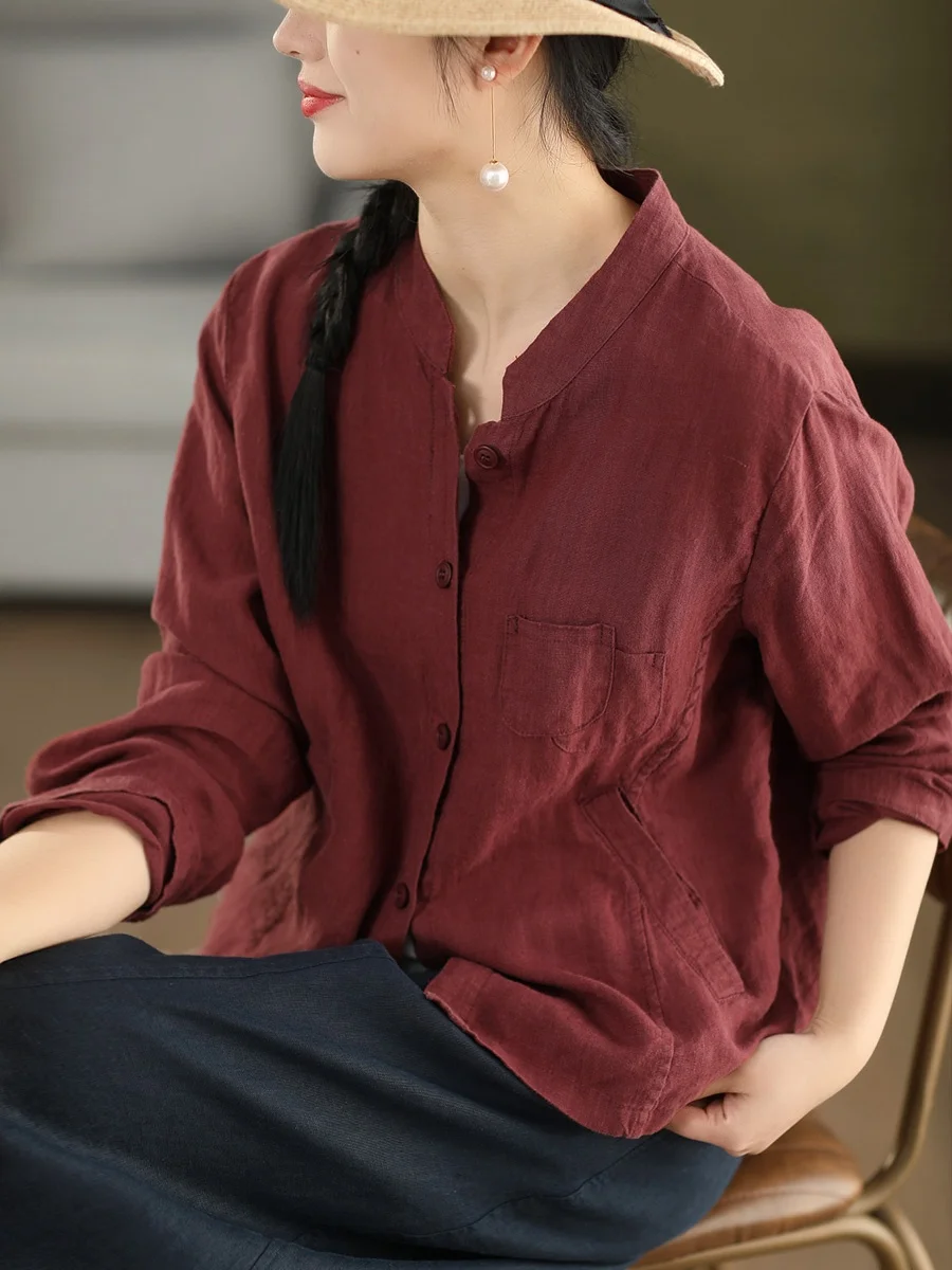 

Ретро-рубашка из выстиранного льна для женщин, весенняя, с длинным рукавом, воротником-стойкой, на одной пуговице, дышащая, комфортная, свободного кроя, женская рубашка