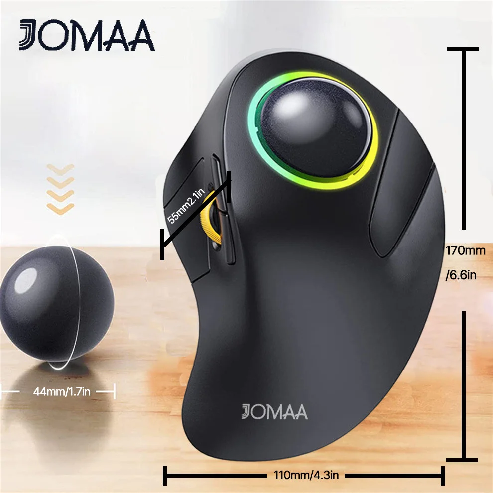 

JOMAA Vertical Trackball Mouse RGB Backlit Bluetooth USB Wireless Erogonomic Mice Rollerball Mouse for Computer Laptop Mac