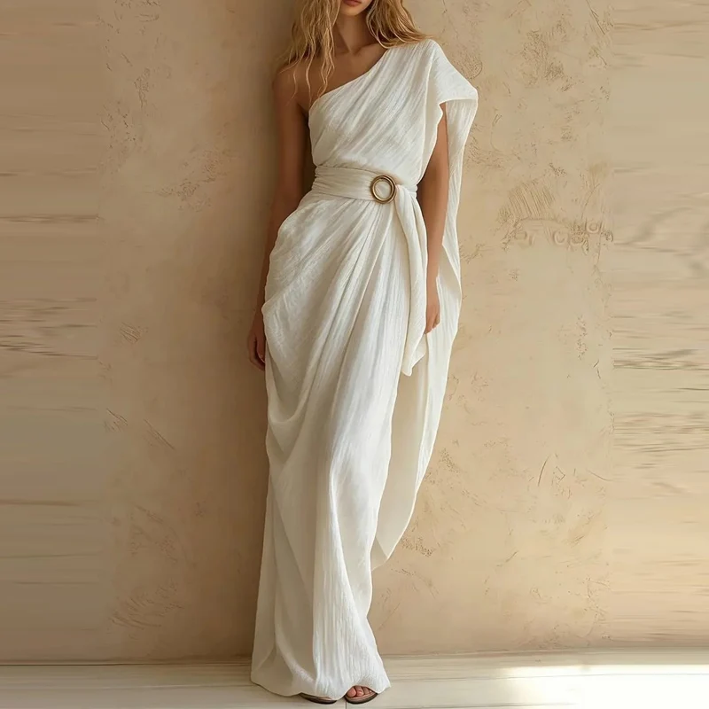 Elegant Women One Shoulder Long Dress Textured Casual Fabric Metal Ring Belt Draped Flowy Maxi Dress Beach Vacation Party Gowns