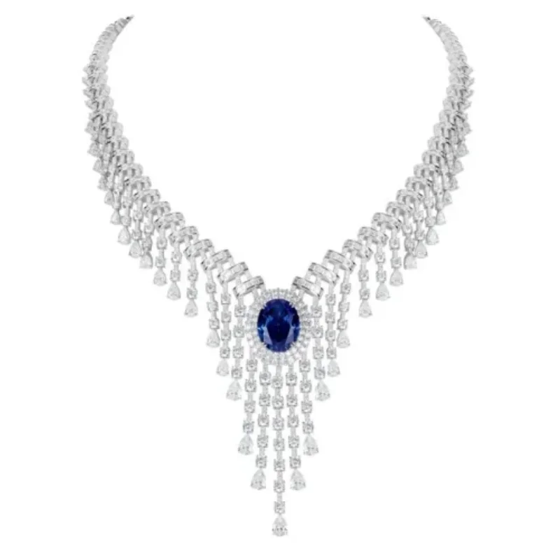 Bellux 925 Silver White Gold Plated Synthetic Zircon Necklace Oval Shaped Sapphire Royal Blue Luxury Tassel Necklace