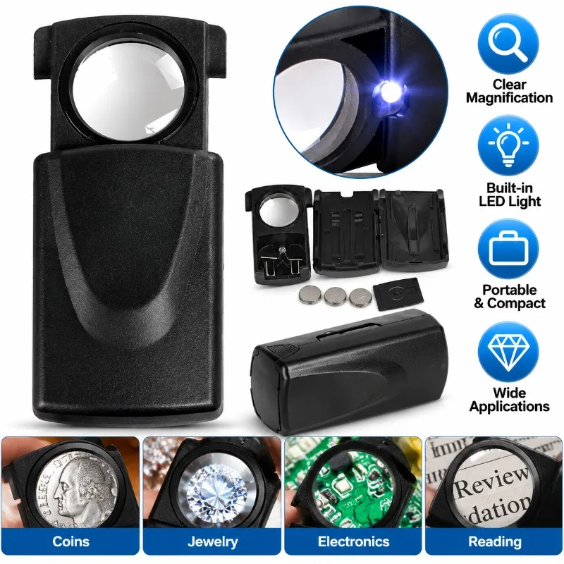 30X Jewelry Loupe with LED Light Foldable Pocket Magnifying Glass Portable Mini Magnifier for Reading Inspection