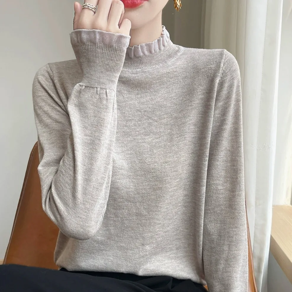 Outlet Lace Collar d Knitted Sweater Women's Semi High Collar Knitwear Bright Tead Spangled Polyester Rabbit Fur Blend