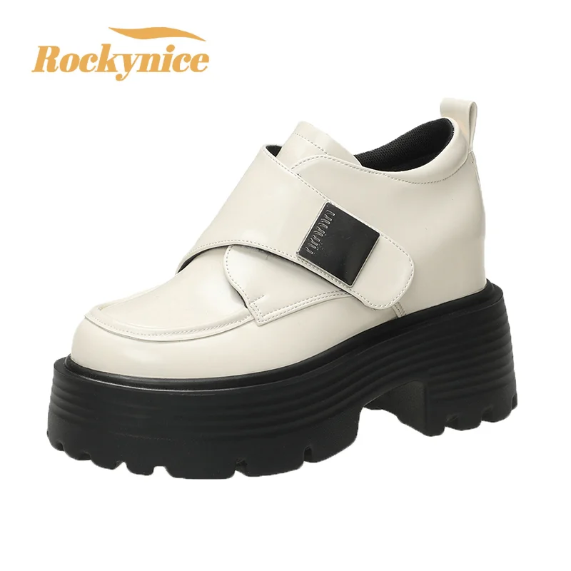 

Women's Platform Leather Sneakers New 2024 Spring British Style Chunky Shoes Woman 10.5CM High Heels Ulzzang Sport Walking Shoes