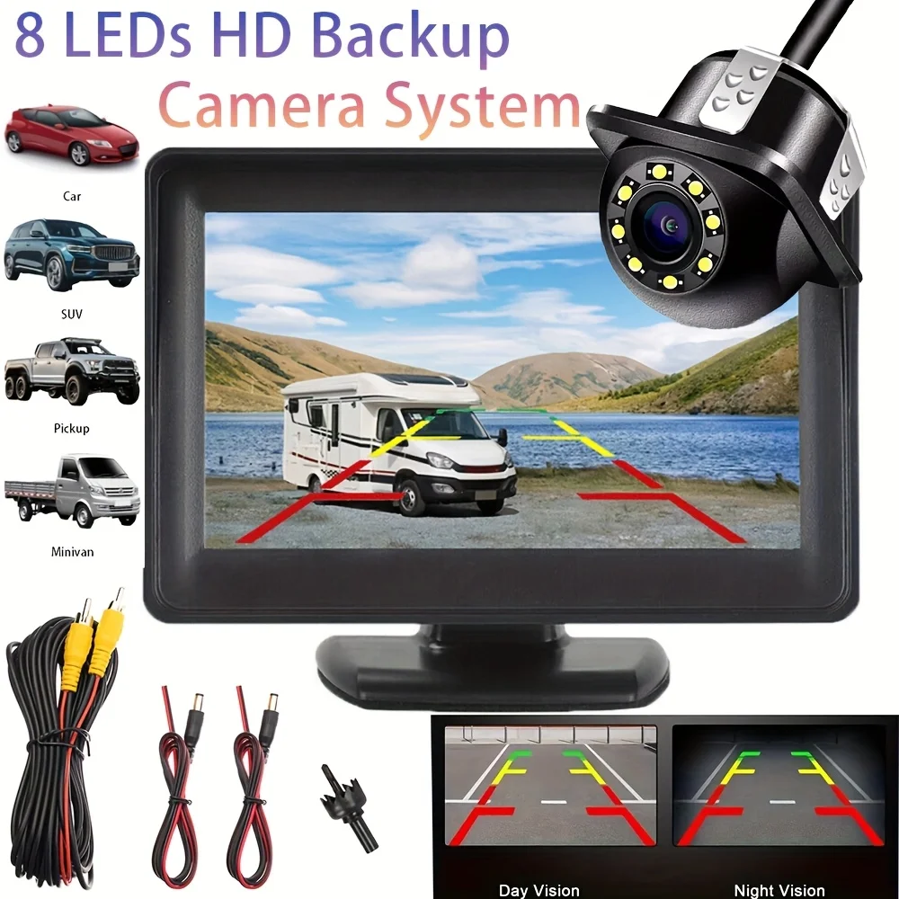 

Система камеры заднего вида, 1 комплект, 4,3-дюймовый монитор и комплект автомобильной камеры с 8 светодиодами, HD-ночное видение, универсальная камера заднего вида