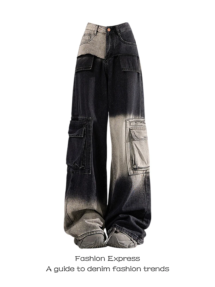 

American High Street Design Gradient Denim Work Pants Women's Autumn Winter New High Waist Loose Straight Leg Floor-Length Pants