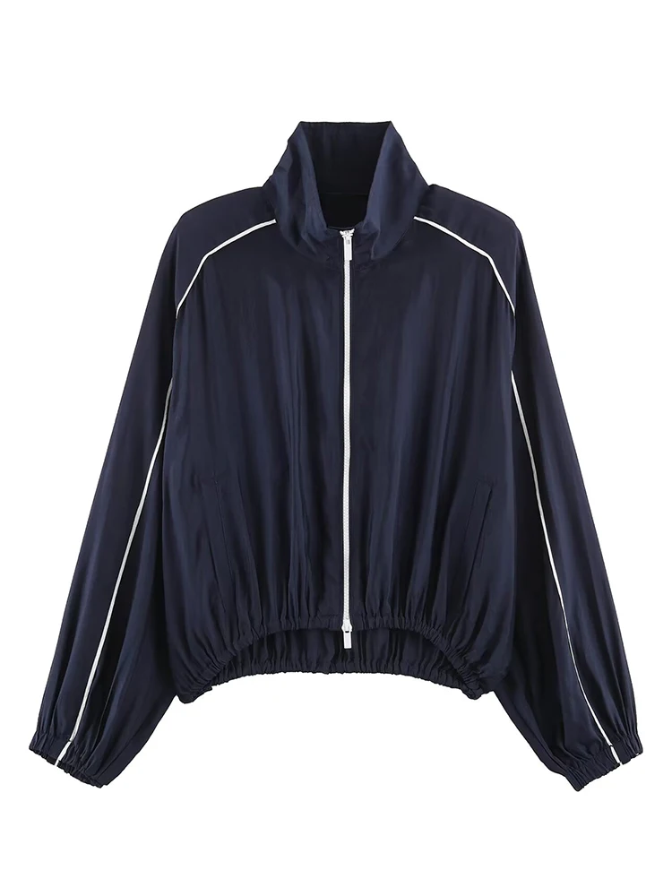 HH Contrast White Piping Cropped Track Jacket Women Zip Up Drawstring Hem Stand Collar Lightweight Sports Casual Coat