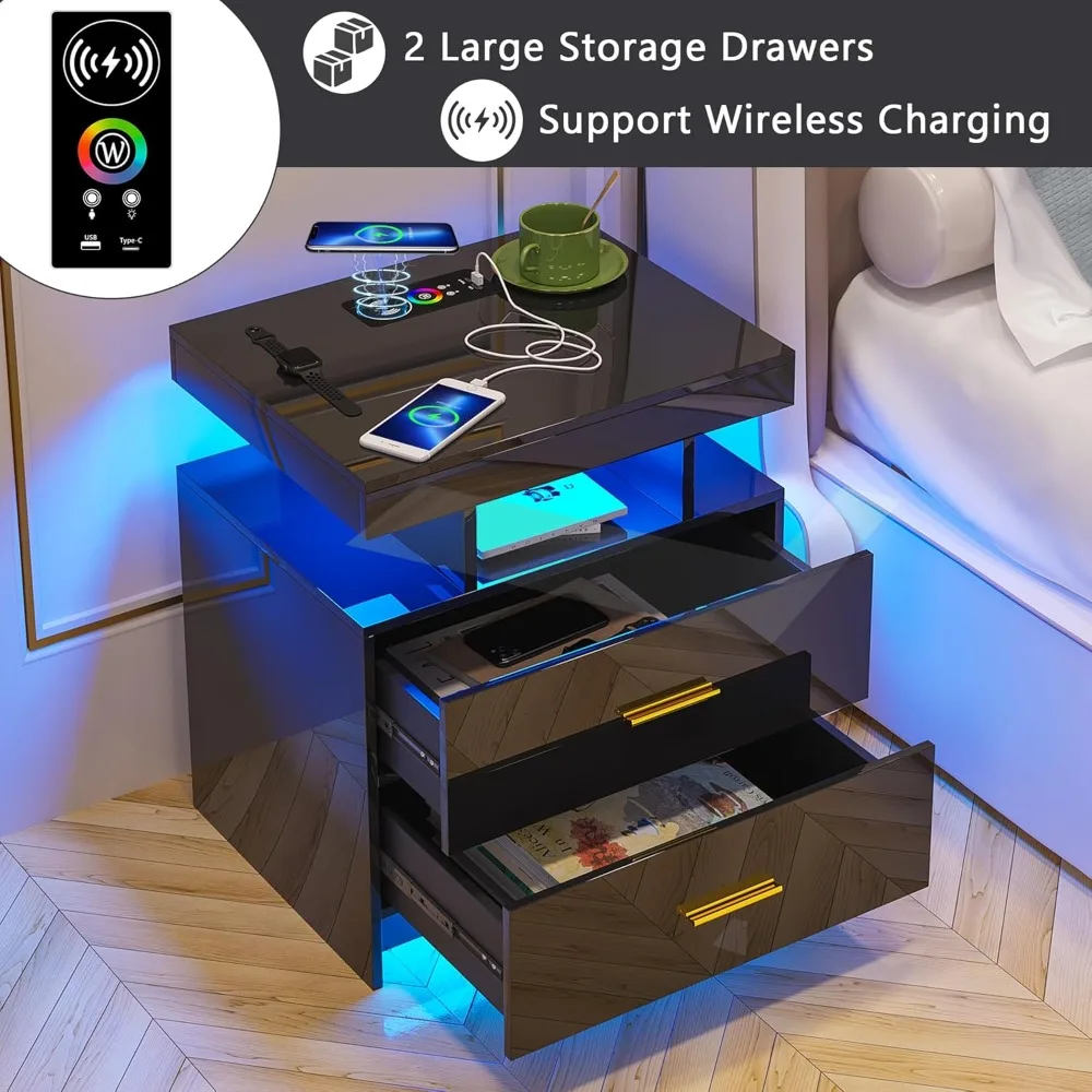 منضدة LED تلقائية مع شحن لاسلكي ومنافذ USB، وطاولة بجانب السرير عالية اللمعان مع درجين، وتصميم عائم #3