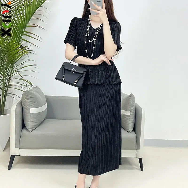 

YUDX 2024 Summer New Miyake Pleated Casual Fashion Suit Women's Short-sleeved Tops and Skirts Two-piece Set High-end New Fabrics