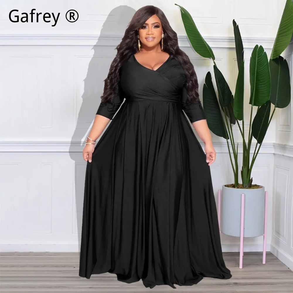

Plus Size XXL 2XL 3XL 4XL 5XLWomen Solid V Neck Sexy Long Maxi Dress Elegant Wedding Party Bridesmaid Evening Formal Dresses