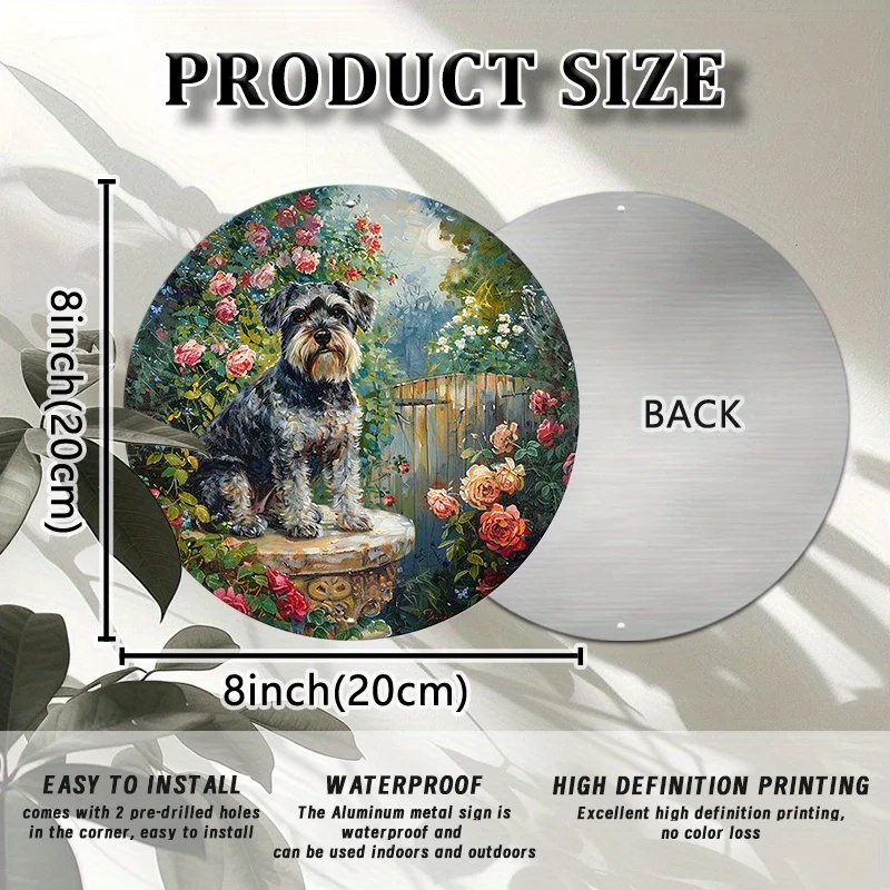 1pc 8X8 Inch (20X20 Cm) Round Aluminum Sign Metal Sign Cute Schnauzer Wreath Aluminum Sign for Garden Outdoor Indoor Farm Commer