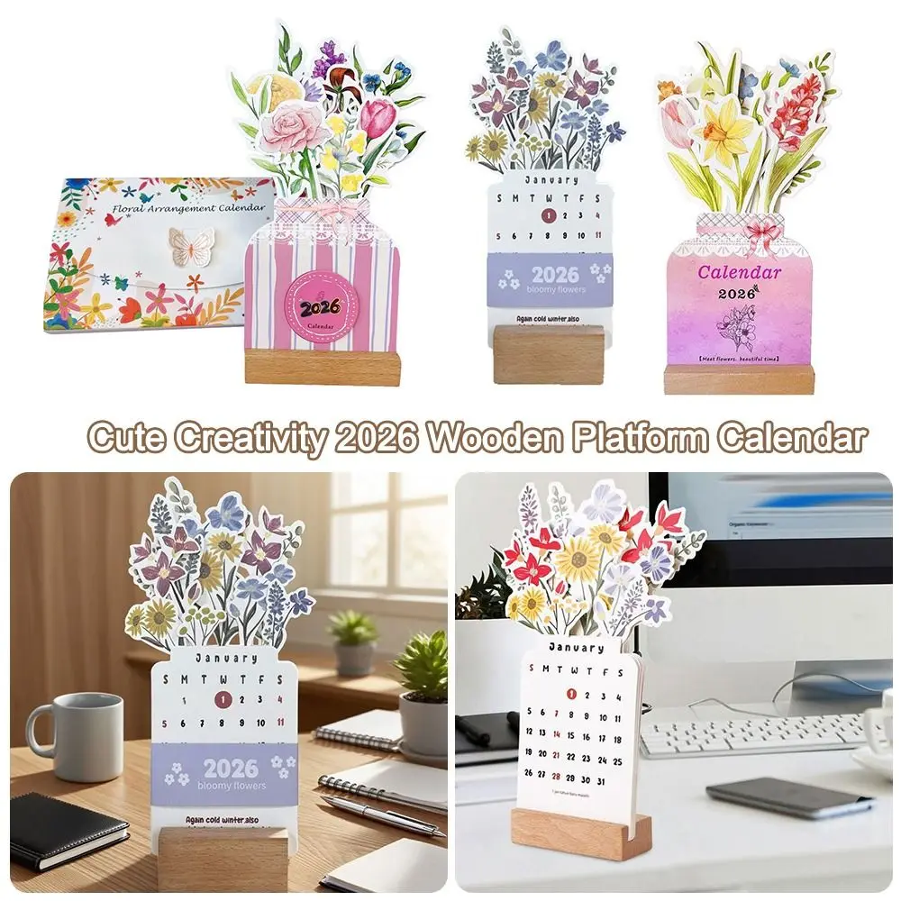 

Wooden Base Bloomy Flowers Desk Calendar Detachable Base Vase Shaped Monthly Planner Floral Theme Date Display
