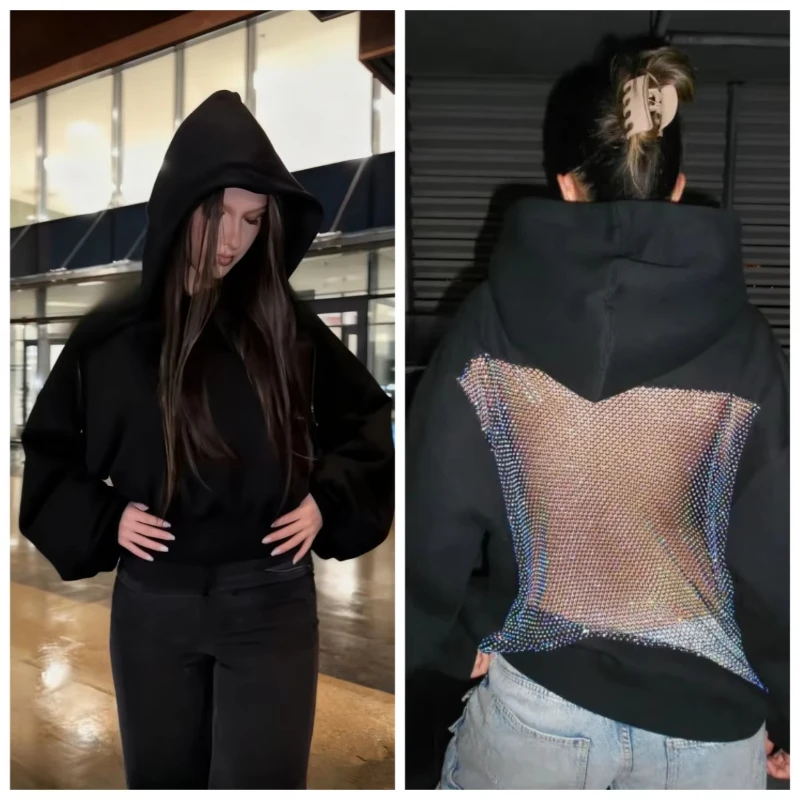 

The New Autumn and Winter Women's Black and White Hot Girl Sexy Cut-out Hoodie Makes You Look Slimmer and Shows Your Back