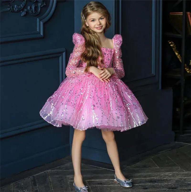 

Puffy Pink Flower Girl Dress Pretty Princess Dress First Communion Dress Long Sleeves Girl Wedding Party Gown with Bow