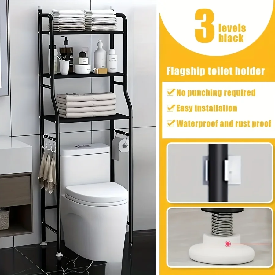 

Multi Functional Three-layer Toilet Storage Rack, Independent Metal Rack, with Roll Paper Rack And Hook, Space Saving Bathroom O