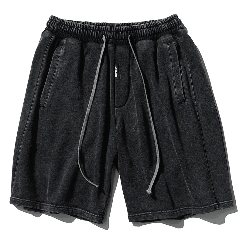 Summer New Distressed Shorts Men\'s Japanese Washed Retro Streetwear Black Loose Casual Drawstring Elastic Waist Short