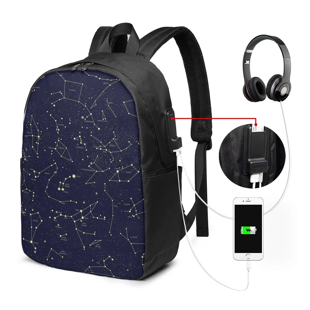 Night Sky Golden Celestial Stars Zodiac Constellations Backpack Travel Notebook Bag Computer College Student School Bag Laptop