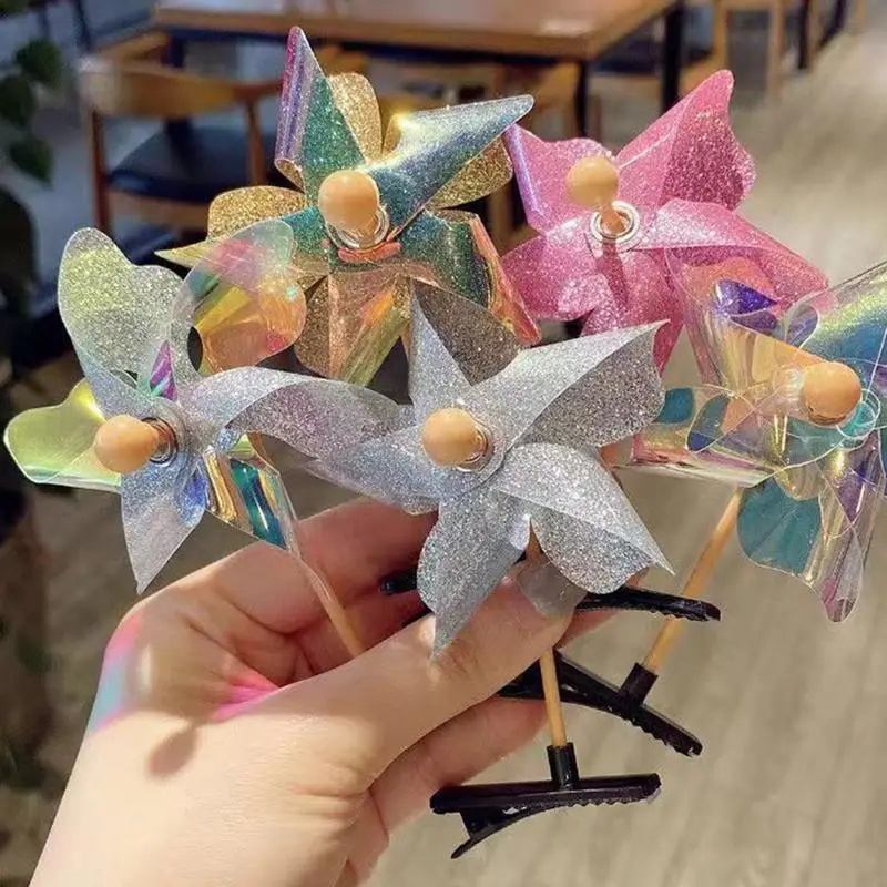 Pinwheel con paillettes forcina per capelli carino Pinwheels Festival morsetto per capelli Rave fermagli a scatto per capelli in alligatore accessori casuali per cartoni animati