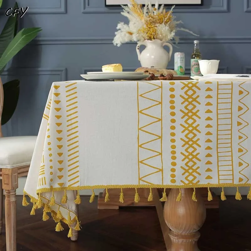 

Cotton Linen Yellow Geometric Prints Tassels Rectangular Table Cloth Kitchen Table Map Towel Tablecloth Christmas Decoration