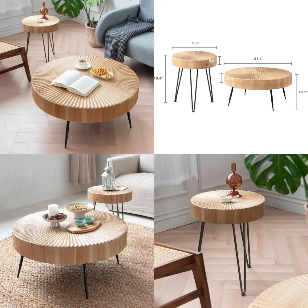 طاولات متداخلة مستديرة على طراز المزرعة بنمط خشبي شعاعي، مجموعة طاولات قهوة حديثة لغرفة المعيشة #1