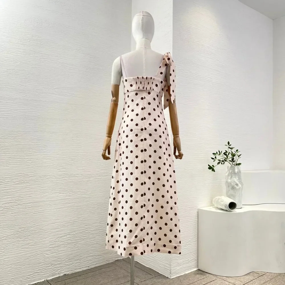 2024 New Women Light Pink Polka Dots Print Sleeveless One Shoulder Midi Dress High Quality