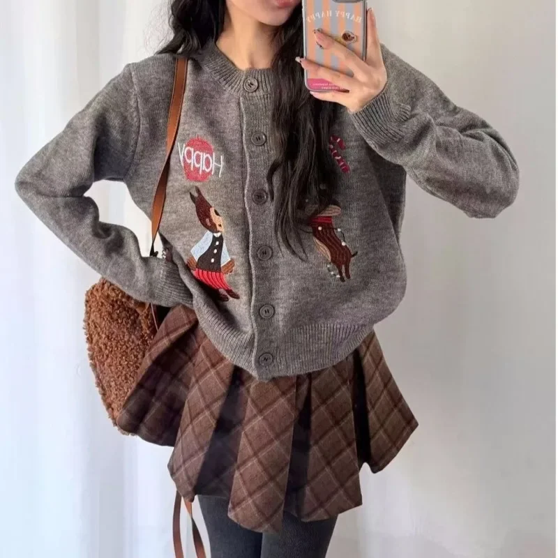 Casual Streetwear Y2K O Neck Long Sleeve Slim Knitted Sweater Women Cartoon Cute Sweet Chic Embroidery Single Breasted Cardigan