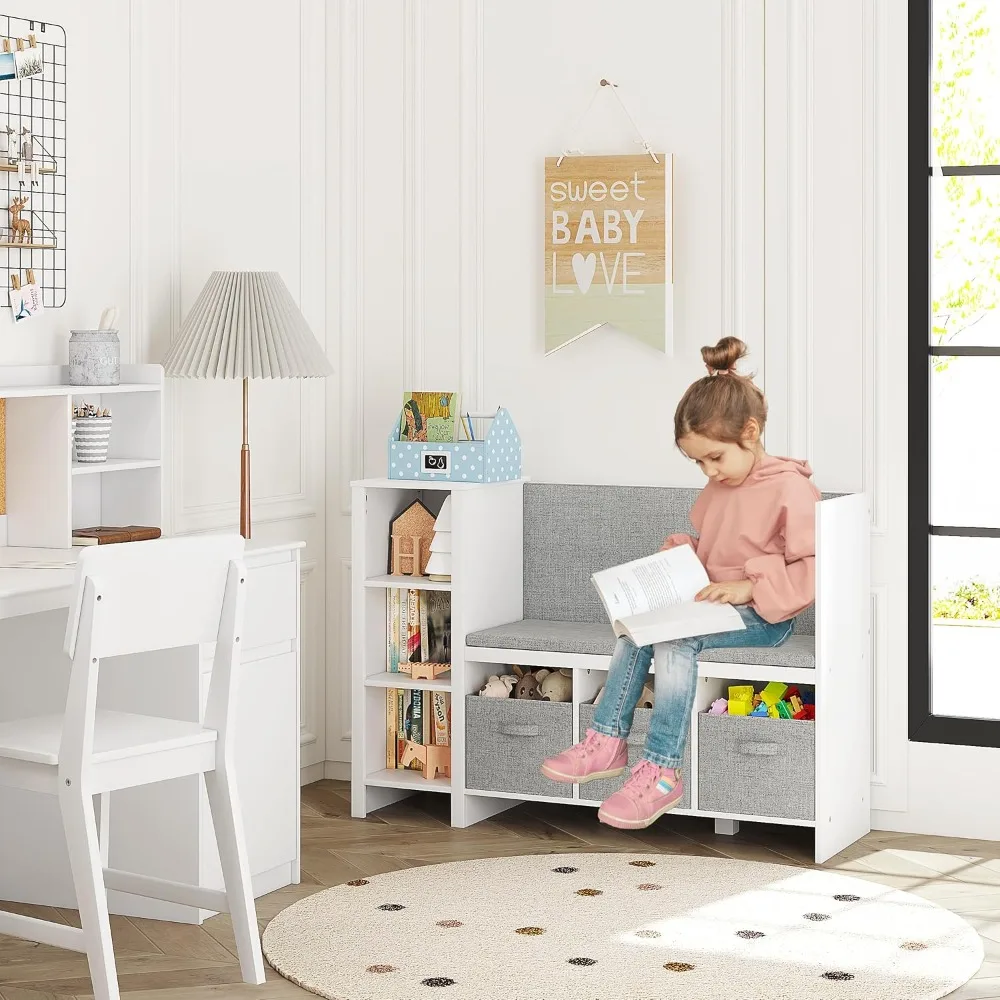 

Книжная полка с уголоком для чтения, книжный шкаф для малышей, скамейка и органайзер для хранения игрушек с подушкой для сиденья и спинки, кукуруза для чтения