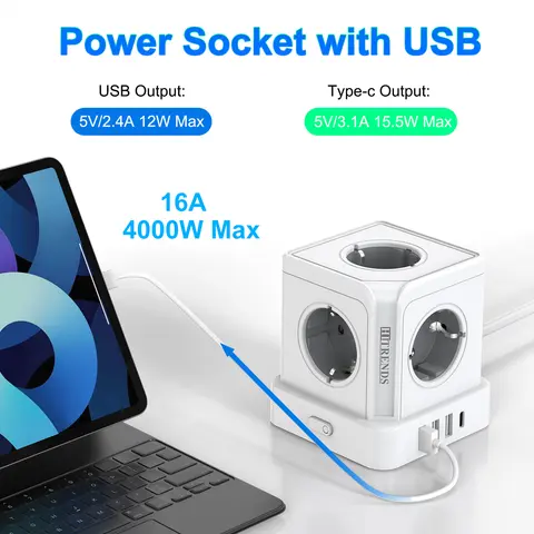 EU-kontakt Tower-eluttag med 5 AC-uttag, 3 USB, 1 Typ C och switch, flera uttag med överspänningsskydd för hemmet 10 best sales skrivbordsuttag - №6