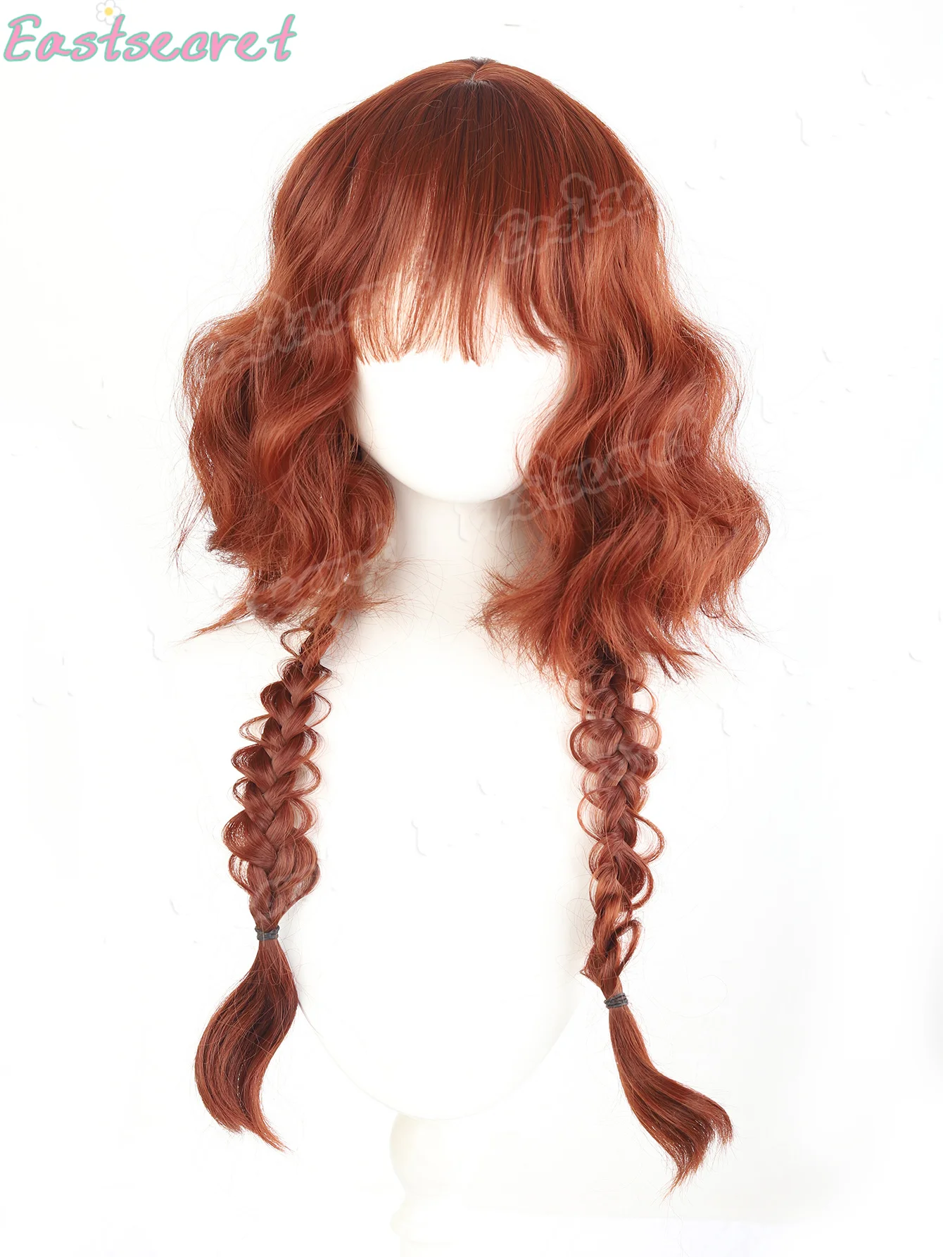 EAST Curly Synthetic Wig With Bangs Double Braids Stylish Heat Resistant Fiber Wig For Daily Party Cosplay Halloween Costume Wig