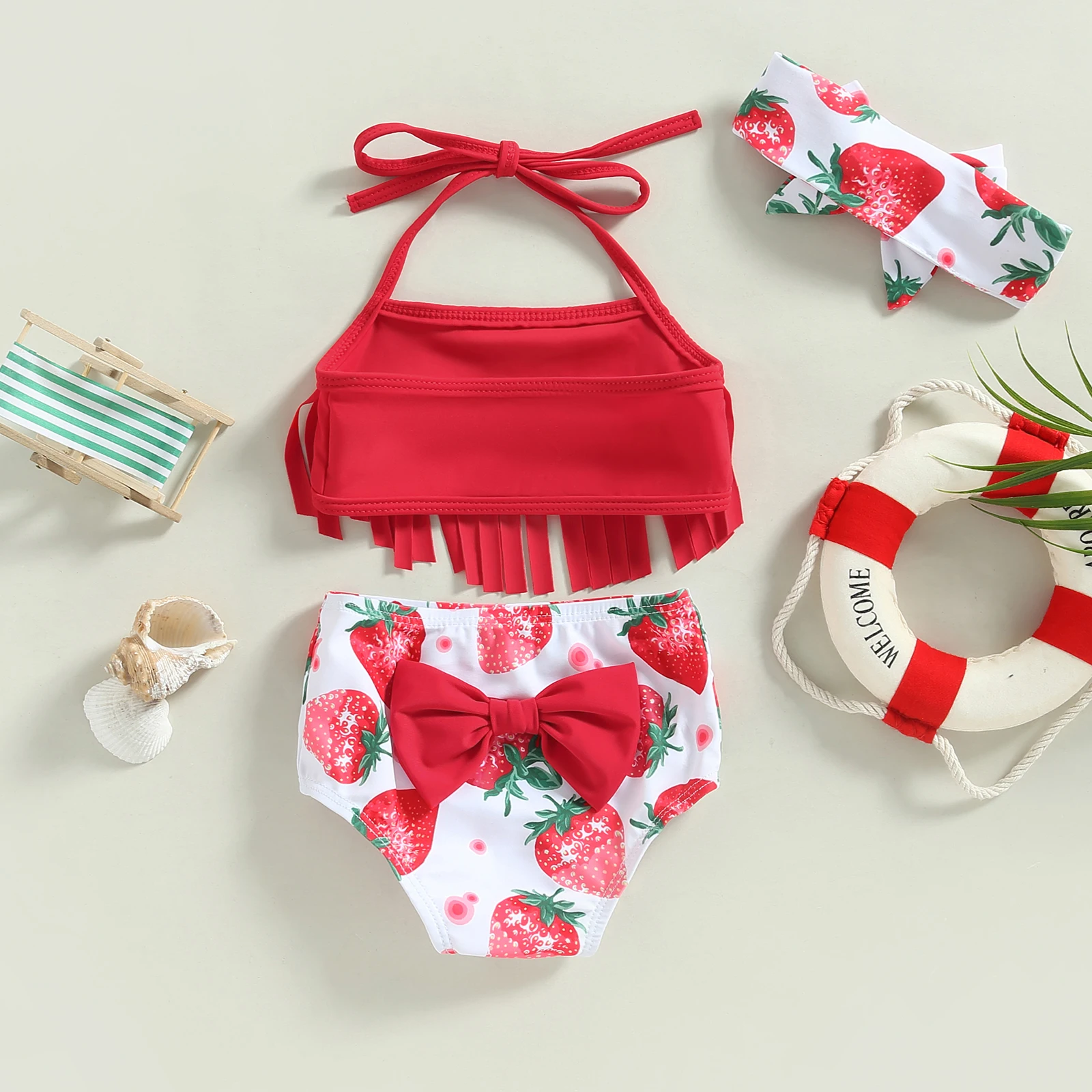 Toddler Girls 3 Piece Swimsuits Solid Color Tassel Tops Strawberry/Flower Print Shorts Headband Split Bathing Suit Swimwear Set