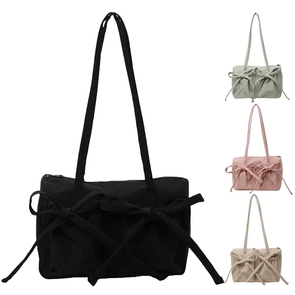 Cute Bow Tote Bag Casual Nylon Fashion Shoulder Purse Solid Color Grocery Purse Zipper Closure for Women Daily Use and Commuting