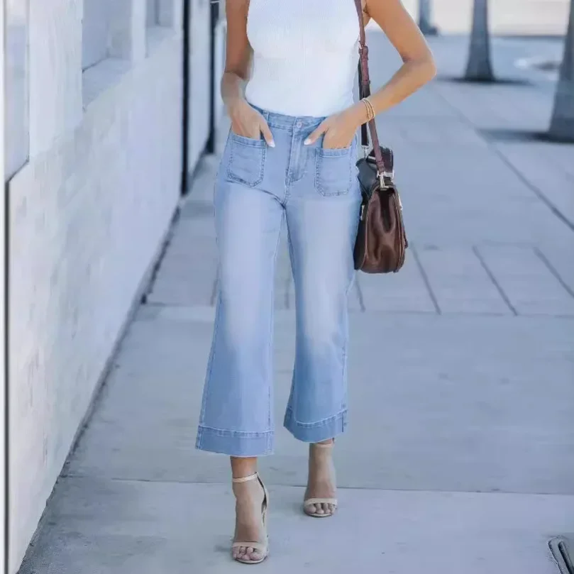 

Denim Wide Leg Pants Women Jeans High Waist Washed Distressed Pockets 2025 Streetwear Vintage Straight Ankle Length Trousers