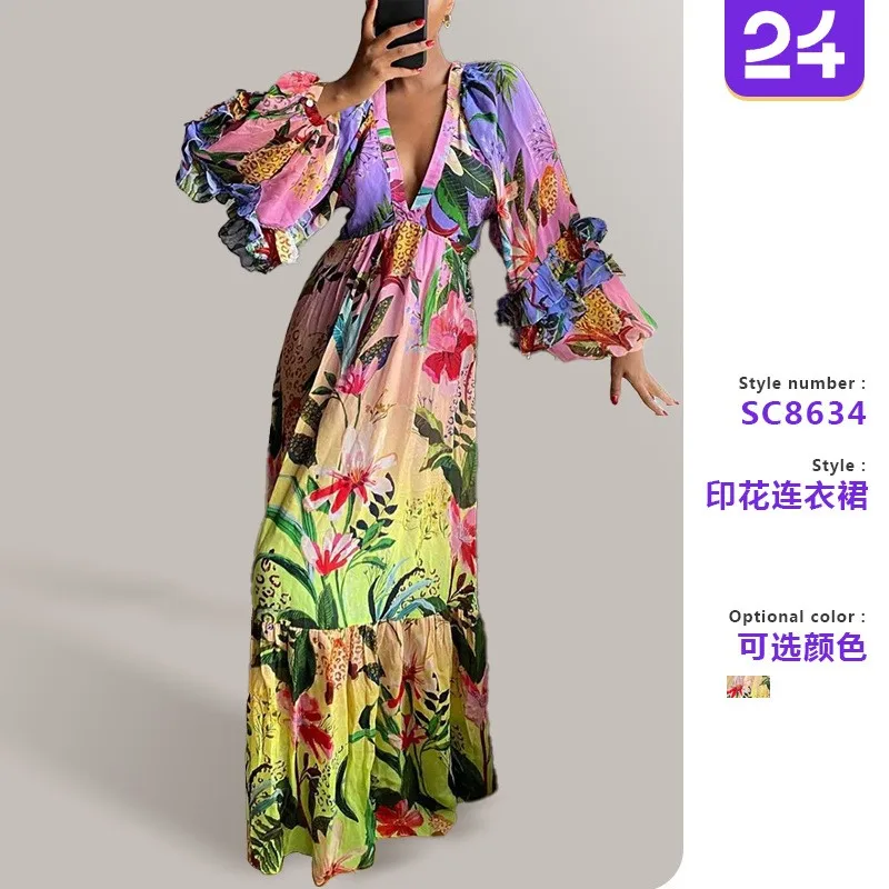 

2025 Women's Printed Gradient Party Dress Spring Summer Fashion Ruffle V-neck Ladies Long Dresses Slim Beach Vacation Vestidos