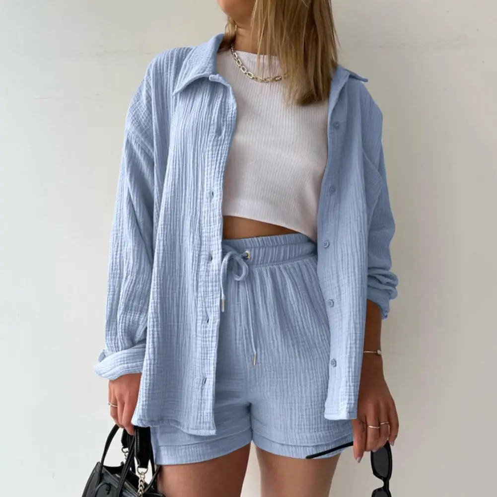 

Summer Cotton Linen High Waist Shirt Shorts Women Turn Down Collar Long Sleeve Tops and Shorts Suit Cotton Casual Two Piece Sets