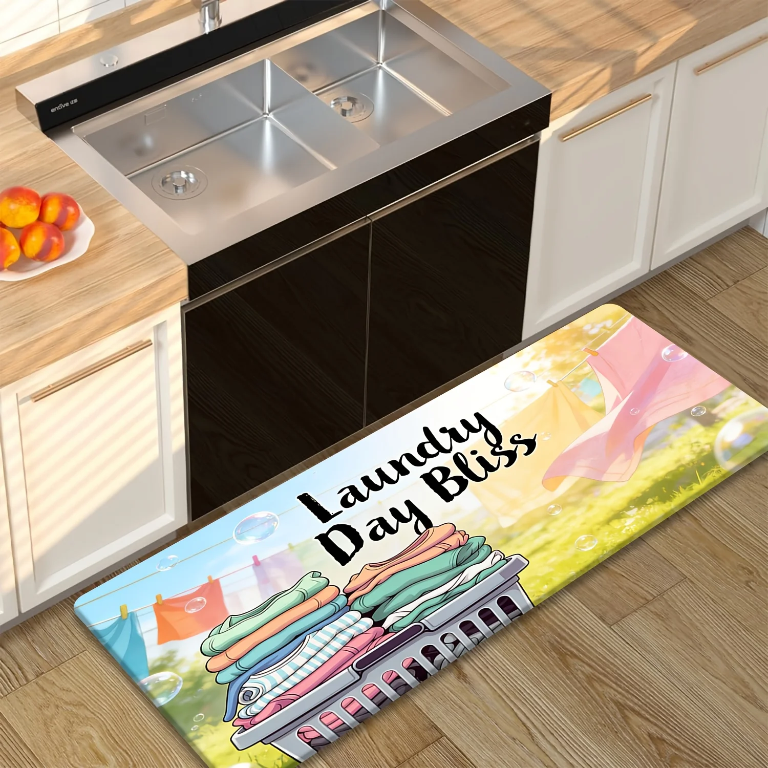 Light Green Laundry Cartoon Runner Mat Anti Slip Absorbent Wash Basket Bubble Print Carpet for Kitchen Hall Bathroom Room