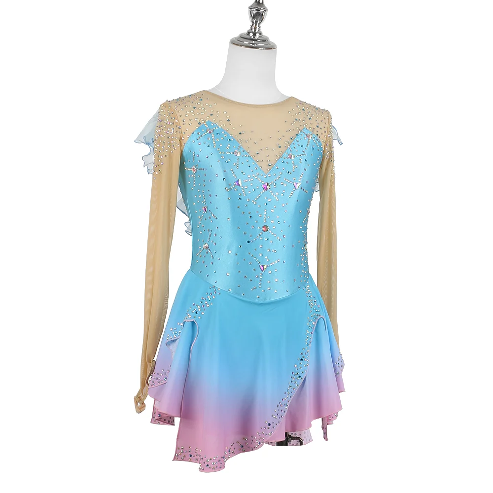 Zagitova-Robe de patinage artistique pour femmes et filles, jupe en maille, bleu nickel é, rose, compétition de performance